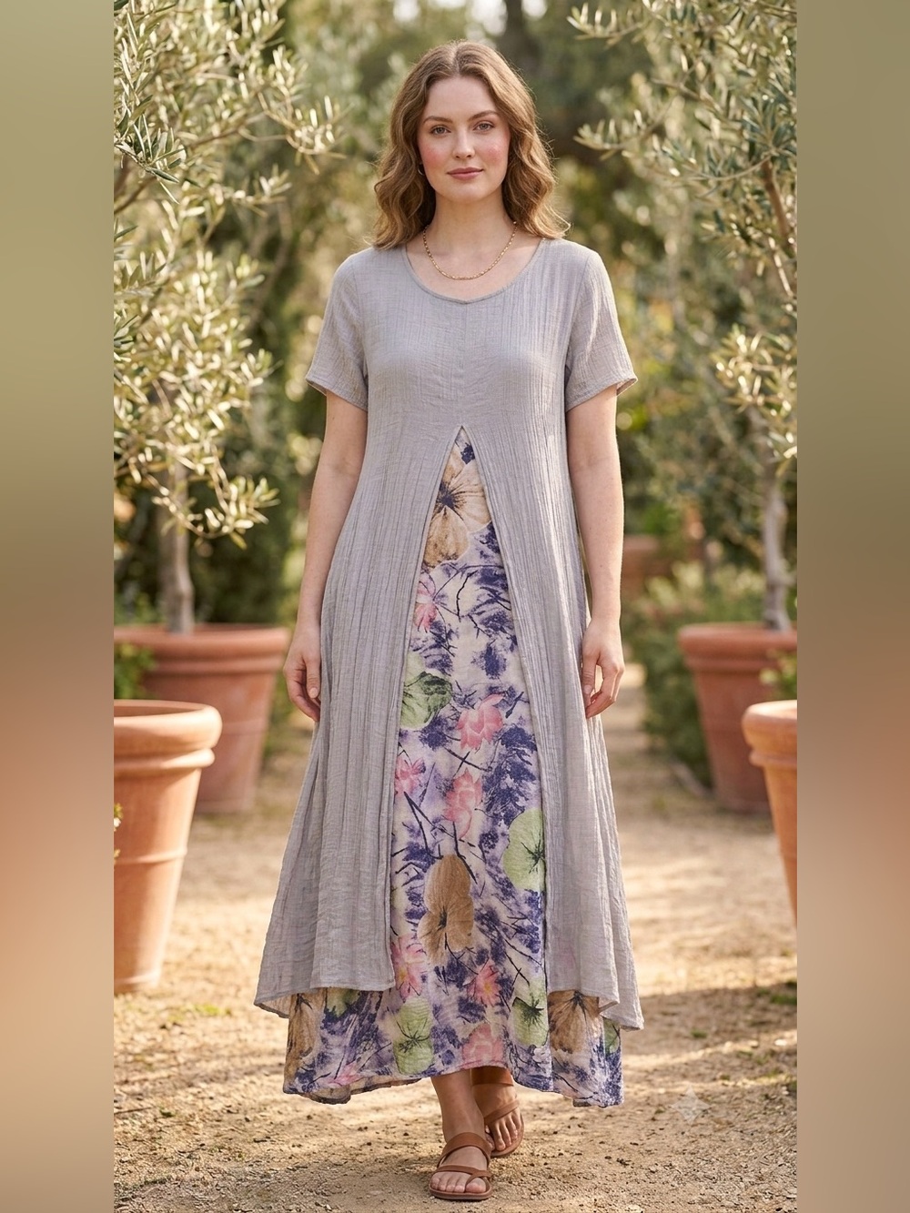Sz L EJoy Women’s Taupe Layered Floral Panel Dress